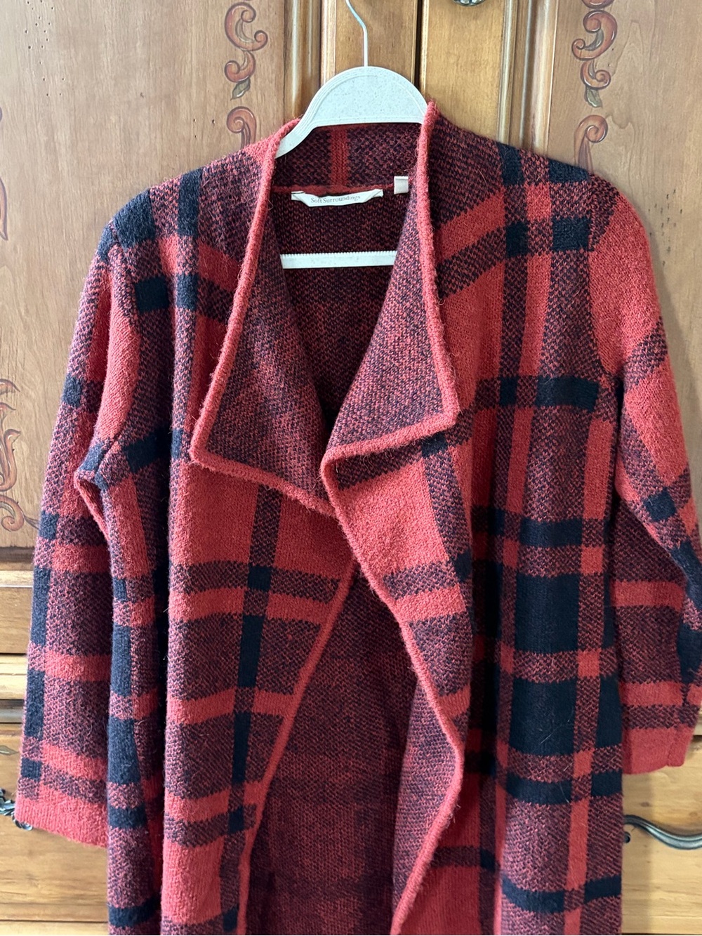 Soft Surroundings Red and Black Plaid Open-Front Sweater Coat